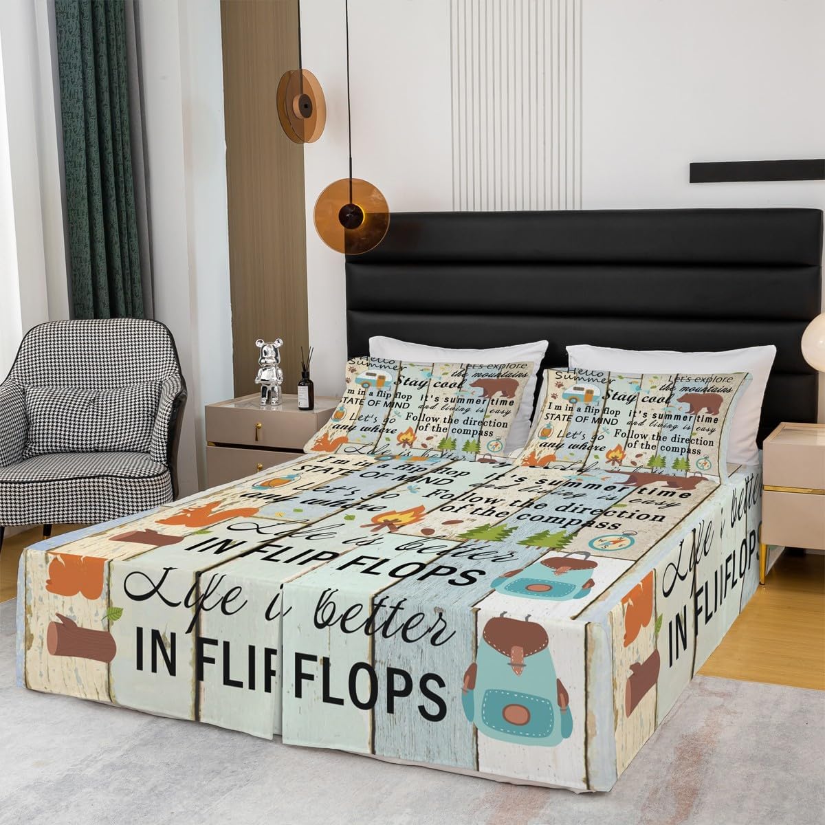 Rustic Farmhouse Wood Print Bedskirt King Size Kids Cartoon Camper Car Bedding Set 3Pcs for Girls Boys Adventure Bear Animals Bed Skirt Inspirational Quotes Split Corner Bed Wrap,2 Pillowcases