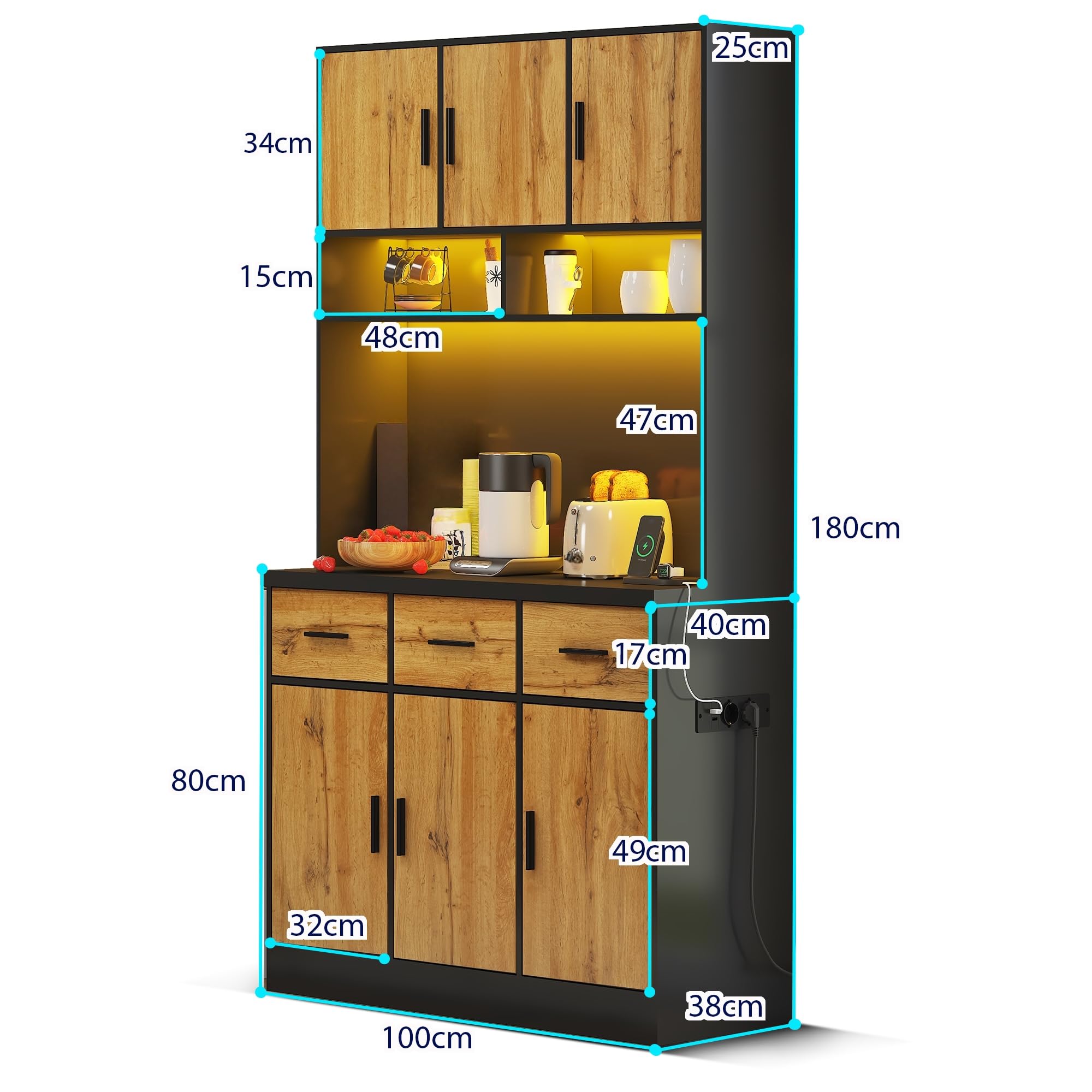 LAKFEW Alacena de Cocina con Enchufe y Iluminación LED, Armario Cocina con 6 Puertas y 3 Cajones, Alacena Cocina con Estantes Ajustables y Dispositivo Antivuelco, 100x40x180 cm, Negro+Natural