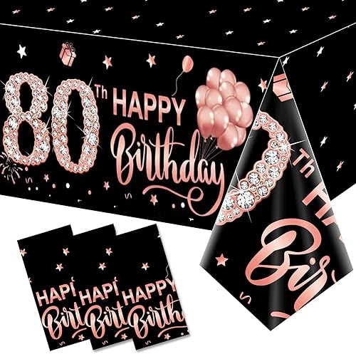Paquete de 3 manteles decorativos de cumpleaños n. 80 para mujer, decoración de mesa con temática de feliz cumpleaños color oro rosa, suministros de