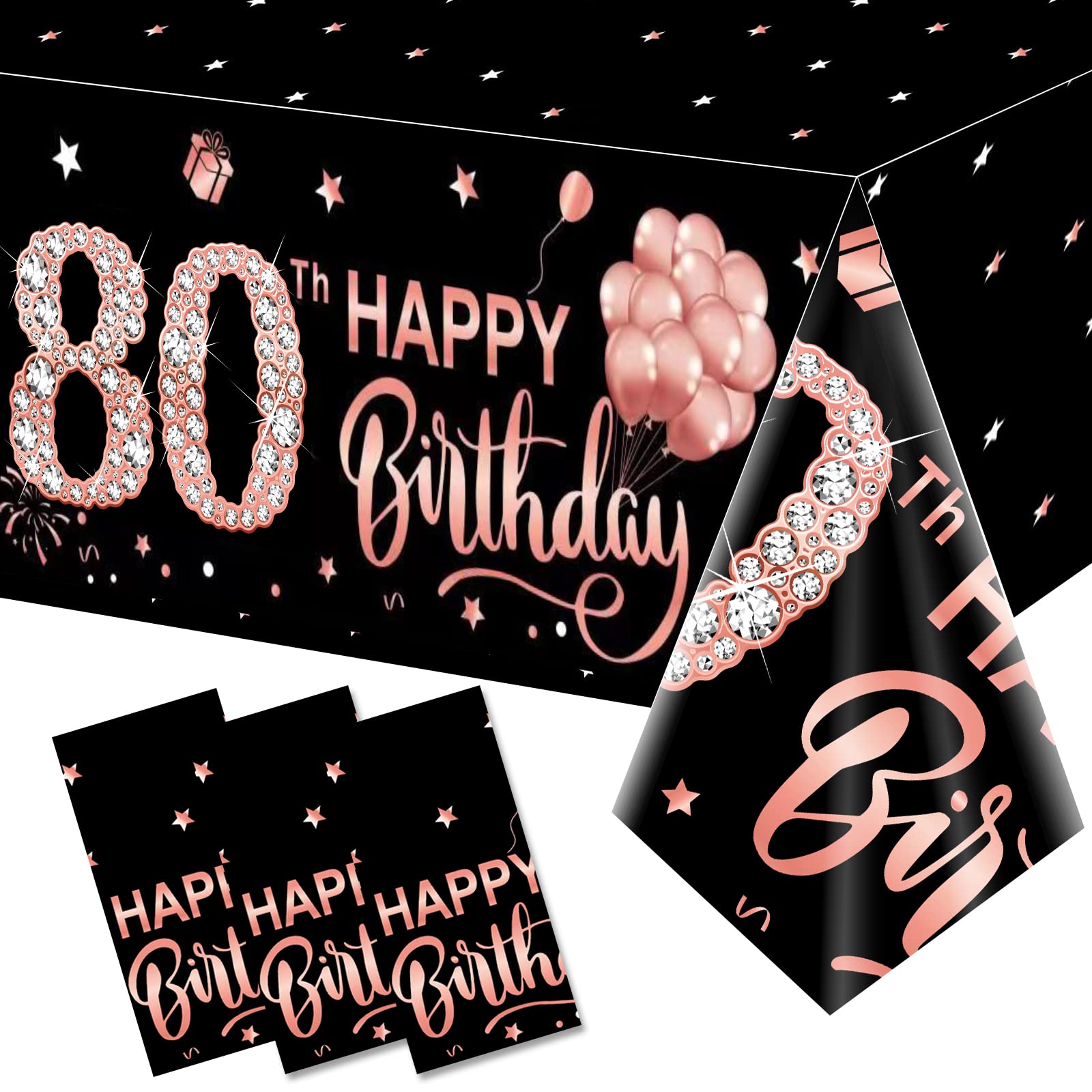 3 Pack Rose Gold 80th Birthday Tablecloth Decorations - Happy Eighty Birthday Theme Table Cover Party Supplies, Plastic Disposable Rectangular Table