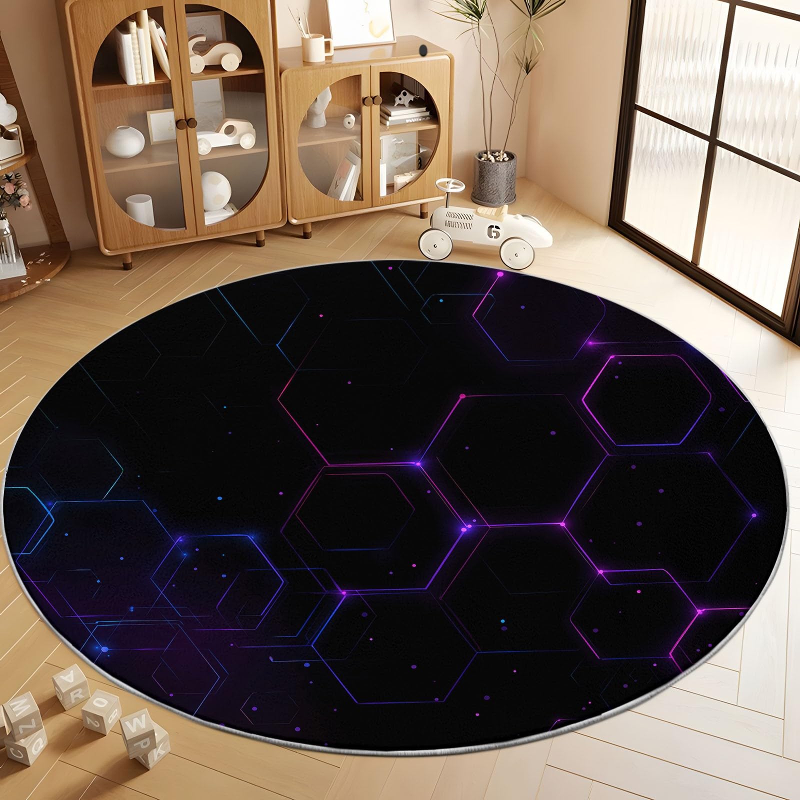 Futurismus Waschbare Runde Teppiche 220 cm, Blau Lila Neon Sechseck Geometrisch Rutschfester Runder Teppich für Wohnzimmer - Weicher Niedrigfloriger Teppich für Unter den Esstisch Kinderzimmer