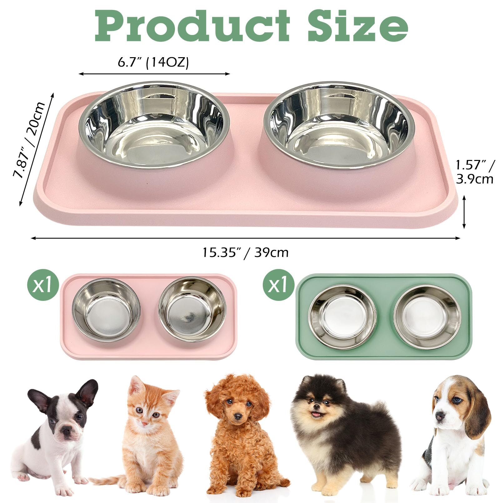 BNOSDM 2 cuencos dobles de comida para perros, cuencos de acero inoxidable para comida y agua para perros pequeños con alfombrilla de plástico antiderrames, juego de platos para cachorros, gatos