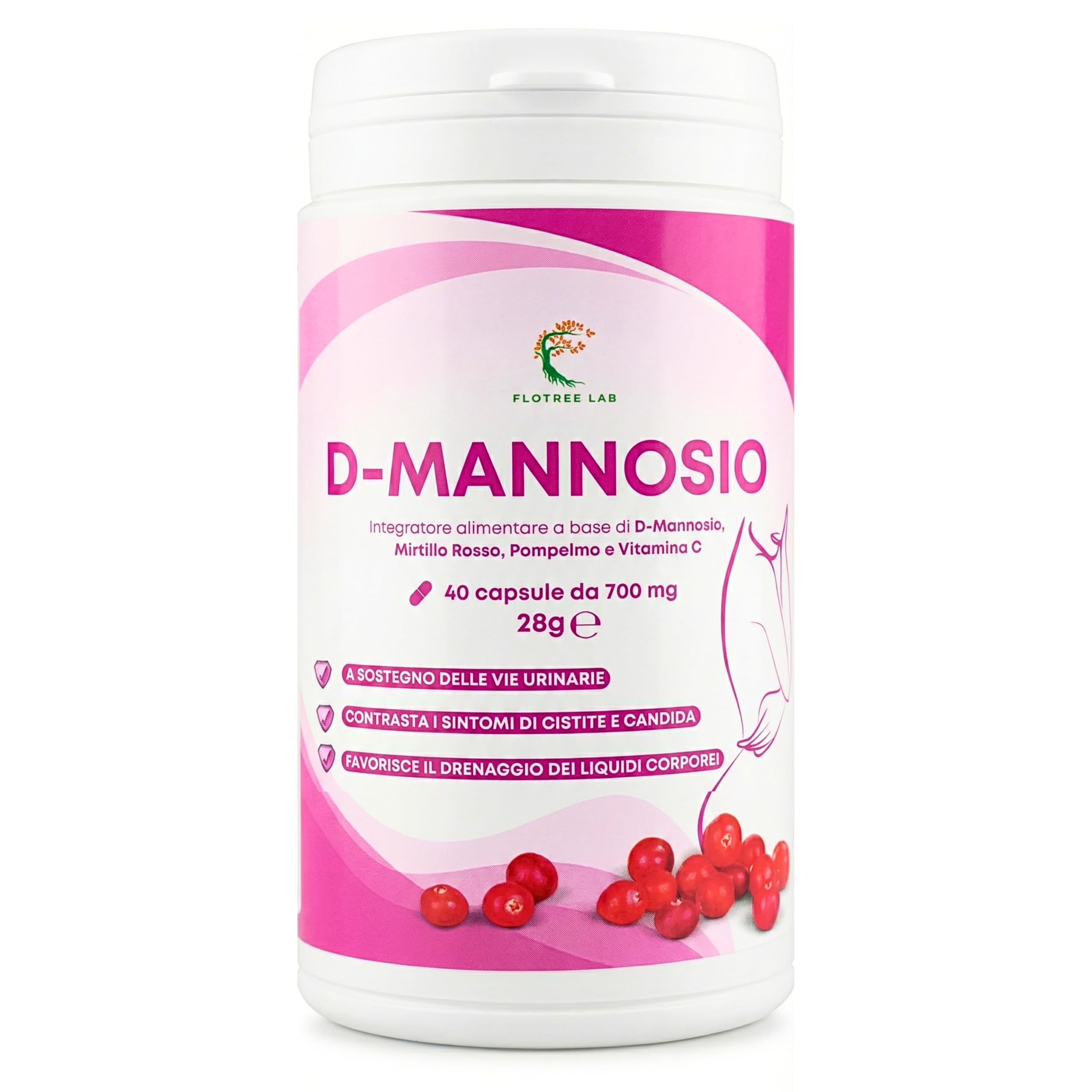 FloTree Lab® D Mannosio Cistite con Cranberry (Mirtillo Rosso), Pompelmo e Vitamina C, Dmannosio Puro 2000 mg, Integratore Vie Urinarie Donna Uomo Naturale, 40 Capsule