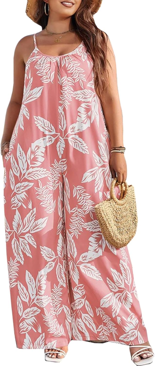 CaniBtr Summer Jumpsuits for Women Plus Size Casual Wide Leg Spaghetti Strap Sleeveless Loose Printed One Piece Jumpsuit