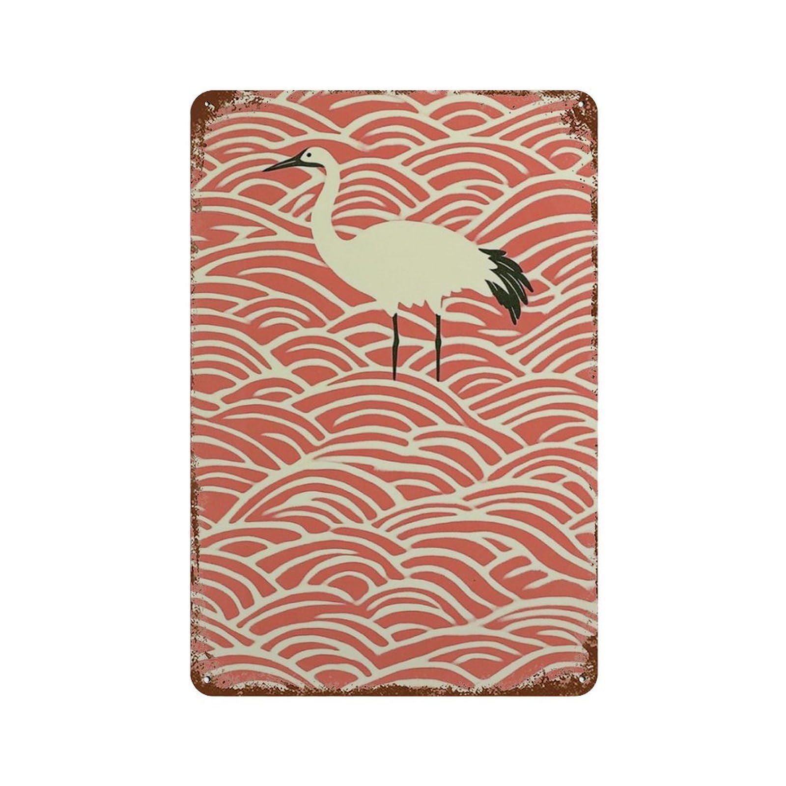 xiaoxiaoshen Japanese Crane Seigaiha Wave Pattern Bird Asian Wall Decor Art Metal Tin Poster Modern Home Decor Art Home Bar Shop Decorations Vintage Sign 30x20cm
