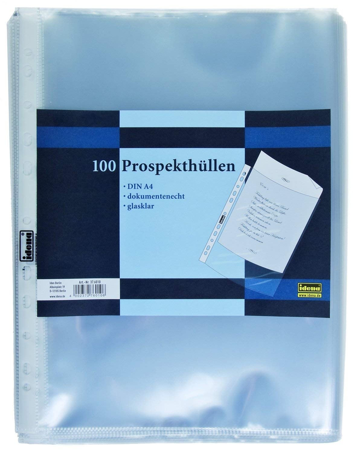 Idena 376010 Prospekthüllen (DIN A4, dokumentenecht, 10 x 100 Stück, glasklar)