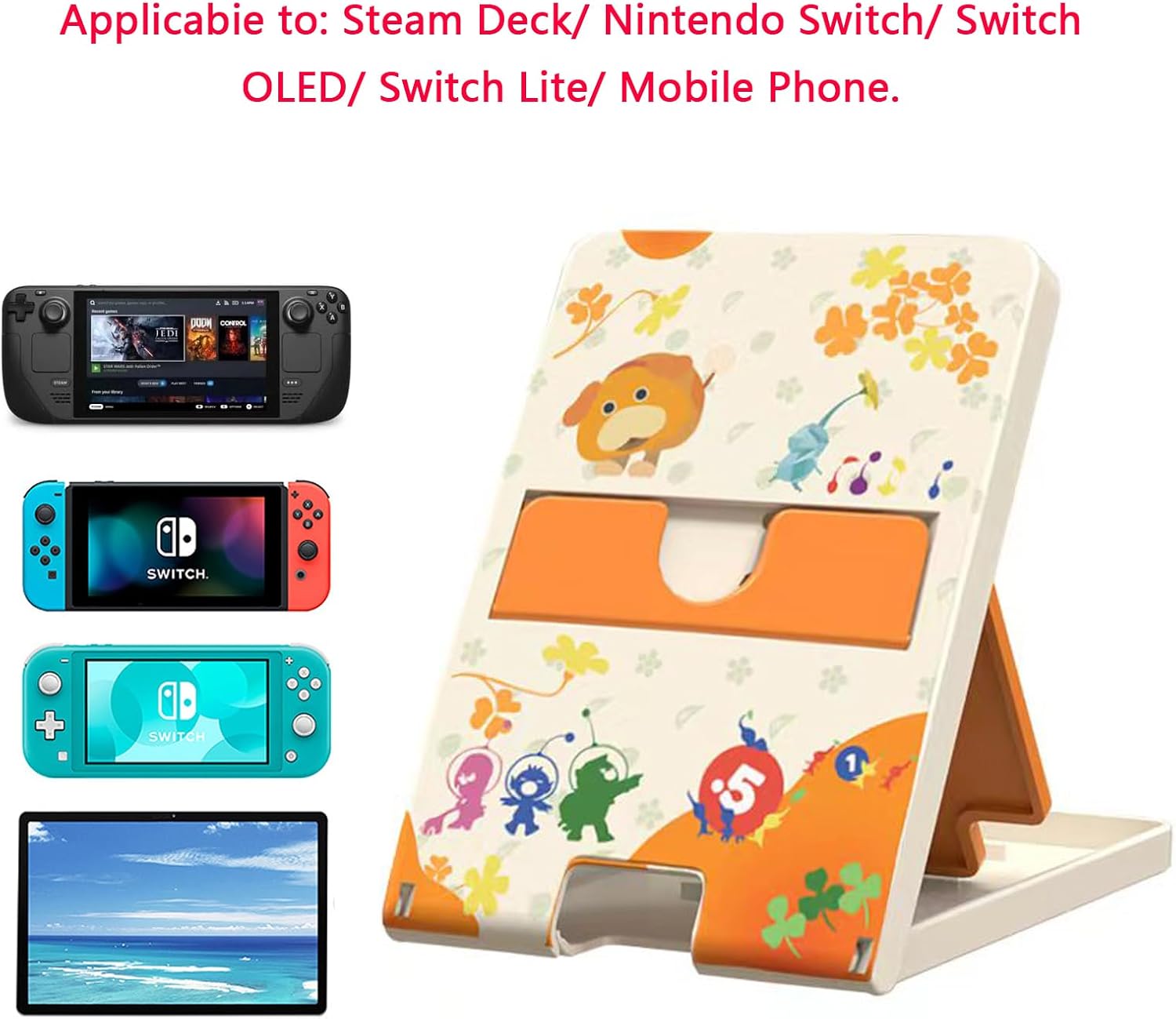 Busjoy Stand for Nintendo Switch, Switch OLED, Steam Deck, Switch Lite, Cute Game Theme for Pikmin, Angle Adjustable Holder, Portable Foldable Non-Slip Playstand-White - Image 5