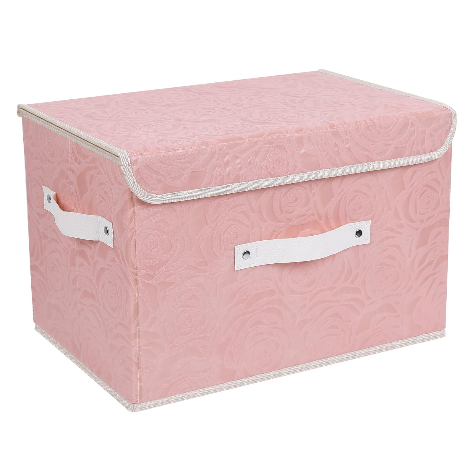 Lucky Monet Cute Storage Bin Boxes with Lids Washable Decorative Storage Boxes Pink Lidded Storage Baskets Collapsible Fabric Box Cubes with PU Leather Handles for Shelf Closet, 1 Pack Pink, Large