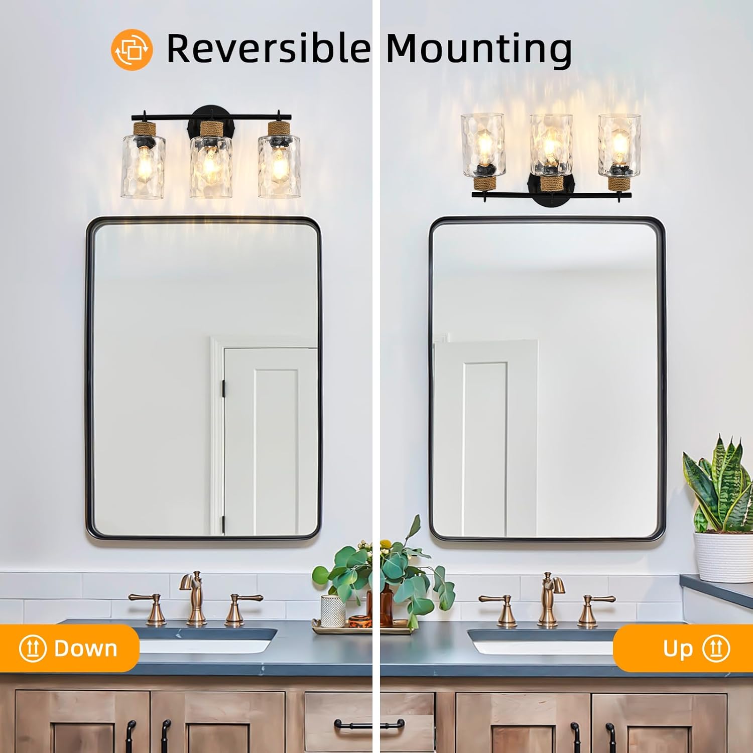 3-Light Bathroom Light Fixtures, Coastal Vanity Lights with Crystal Glass Shade, Black Bathroom Wall Lamp for Mirror Kitchen Hallway Bedroom
