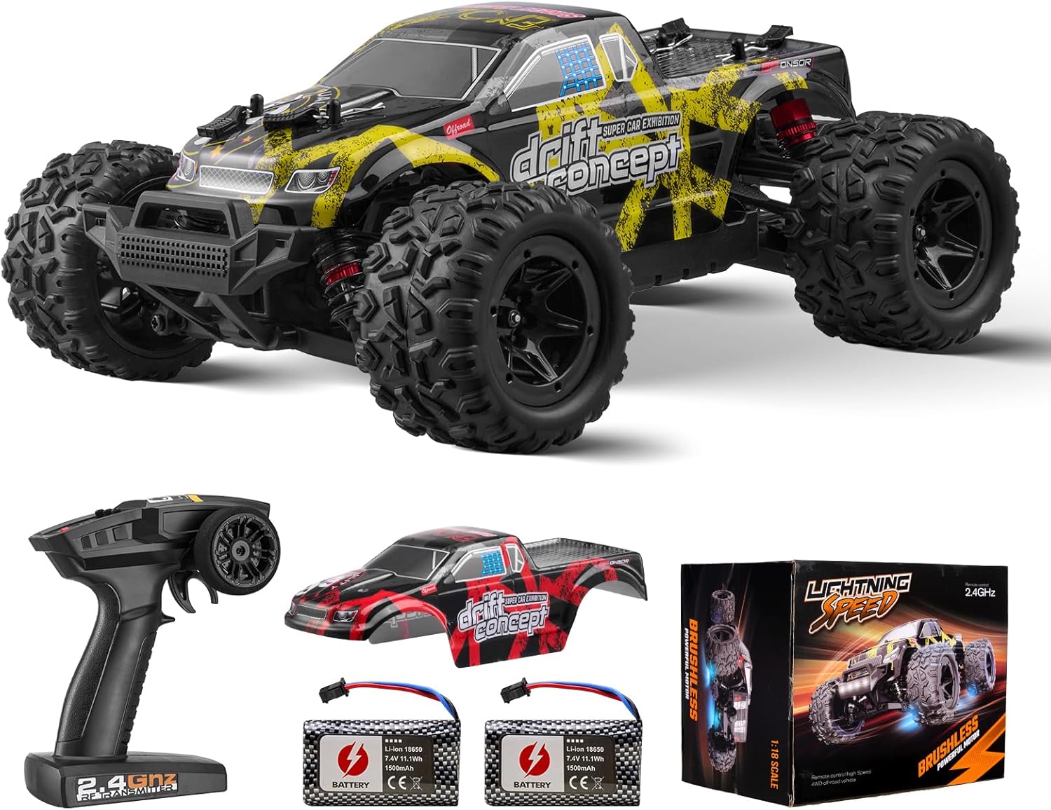 VEVOR 1/18 Scale Brushless RC Car for Adults, All Terrain 4WD Off-Road RC Truck 45 km/h, Remote Control Vehicle with Extra Shell 45° Wheelie & Adjustable Speed Racing Toy for Adults Kids Boys IPX4
