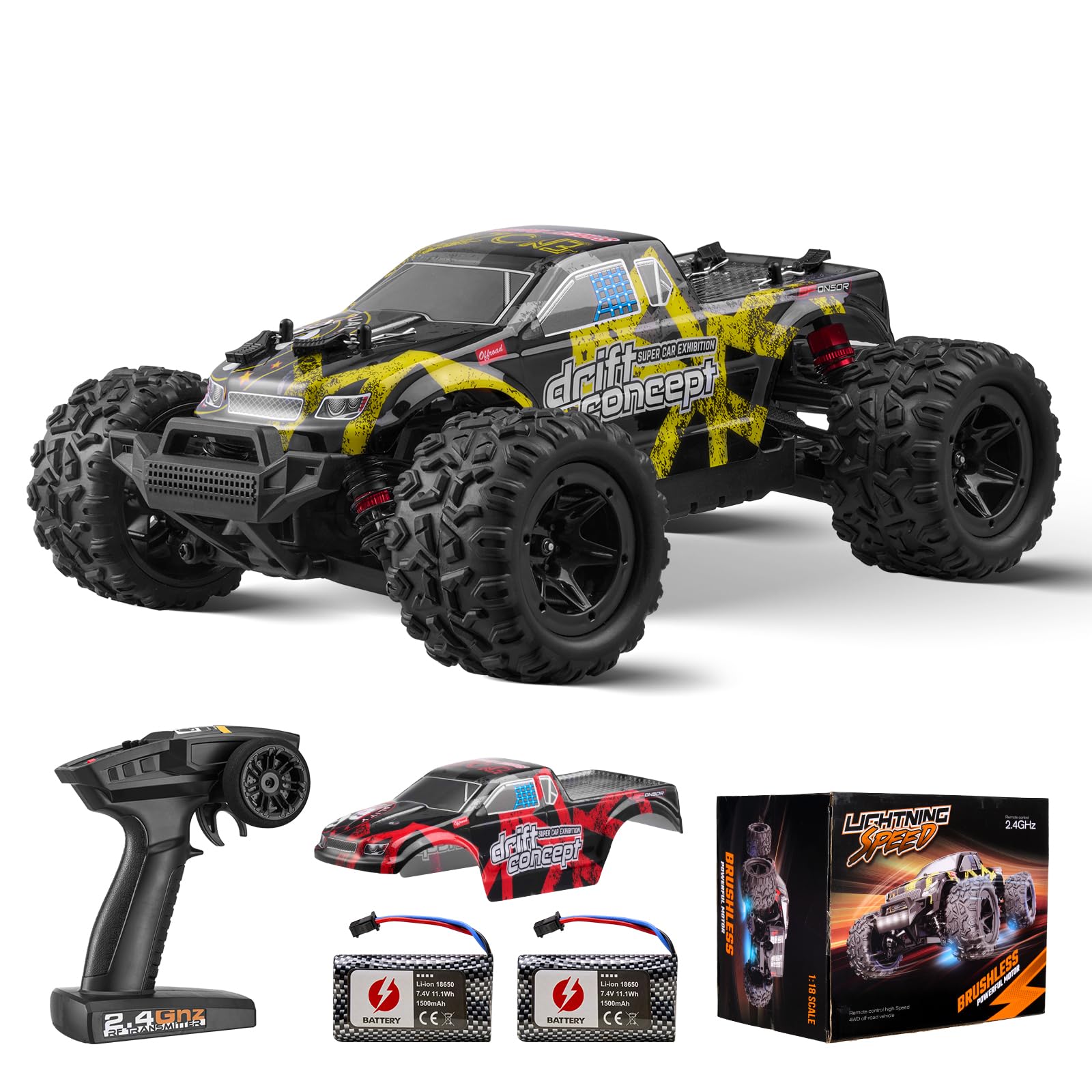 VEVOR 1/18 Scale Brushless RC Car for Adults, All Terrain 4WD Off-Road RC Truck 45 km/h, Remote Control Vehicle with Extra Shell 45° Wheelie & Adjustable Speed Racing Toy for Adults Kids Boys IPX4