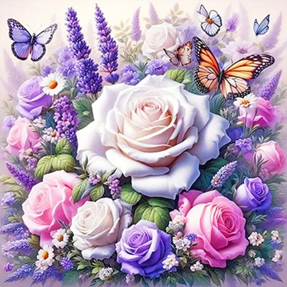 Stalente Diamond Painting Kits for Adults Butterfly, 5D DIY Diamond Art Kits for Beginners Round Full Drill Diamond Painting for Home Wall Decoration Gift 12×12inch, Rose Flower