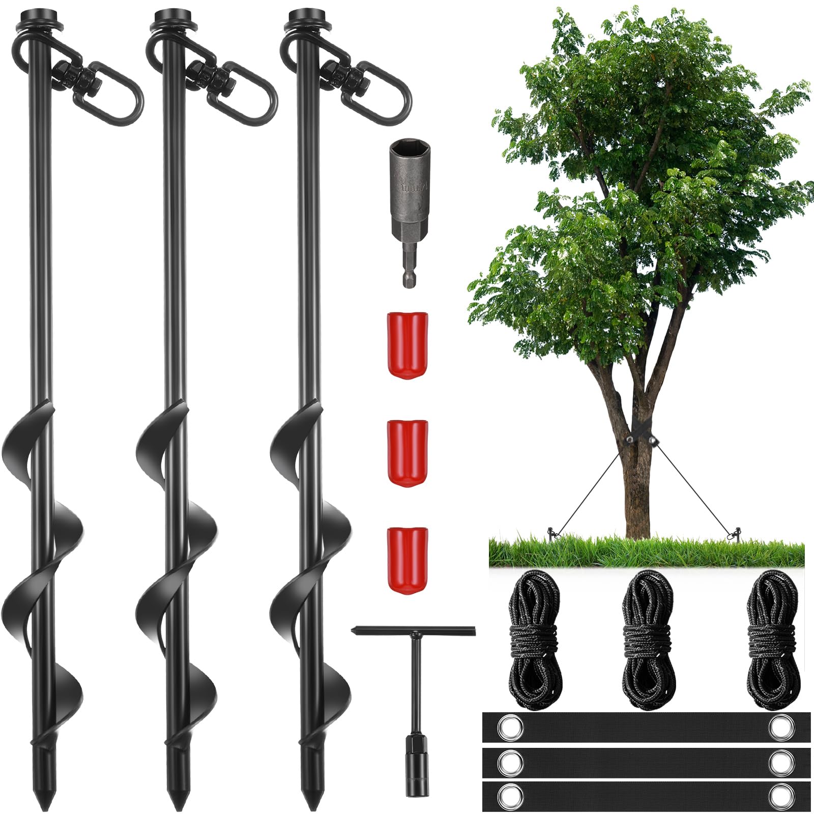 Lasnten 3er-Set Baumpfahl-Set, robuste Baumpfähle und Stützgurte zum Glätten, Anlehnen junger Bäume, Stabilisator, Metall-Spiralpfähle, Anker, schützt vor schlechtem Wetter (schwarz)