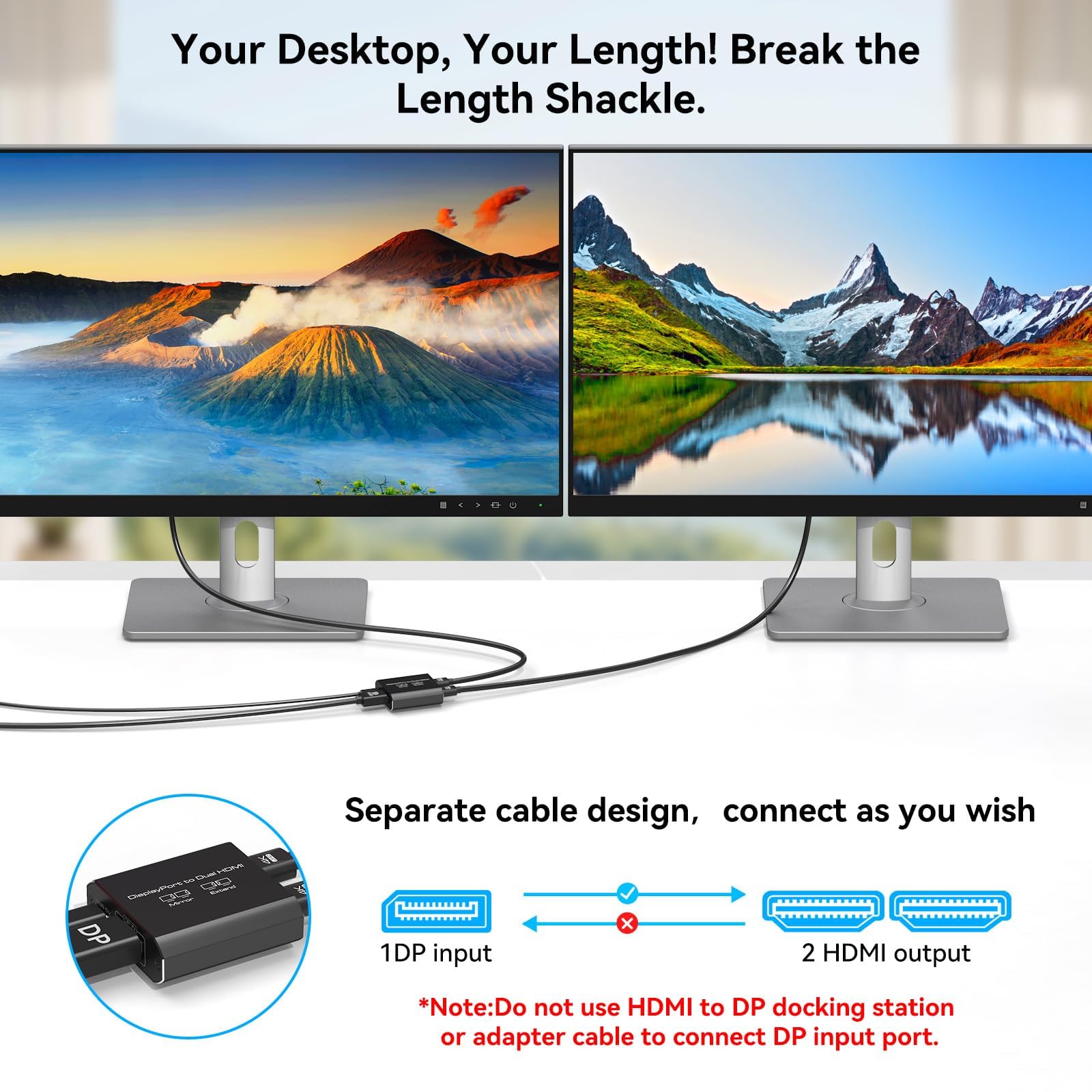 4K@60Hz Displayport a Dual HDMI Adattatore Display Port a 2 HDMI Splitter per 2 Monitor per Computer Grafica Schede Supporta MST & Modalità SST