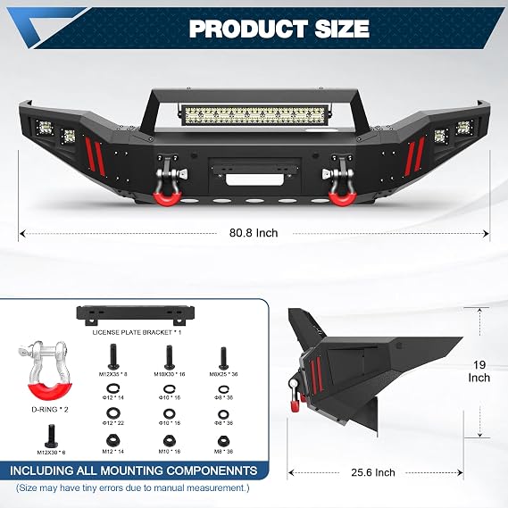Front Bumper for Toyota Sequoia 2011 2012 2013 2014 2015 2016, Textured Black Stainless Steel Pickup Bumper with Winch Plate, 144W Long Light Bar, 4x18W Square Lights and D-rings