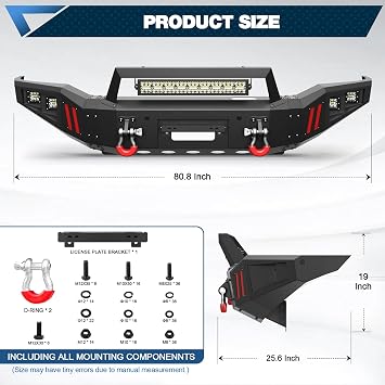 Front Bumper for Toyota Sequoia 2011 2012 2013 2014 2015 2016, Textured Black Stainless Steel Pickup Bumper with Winch Plate, 144W Long Light Bar, 4x18W Square Lights and D-rings
