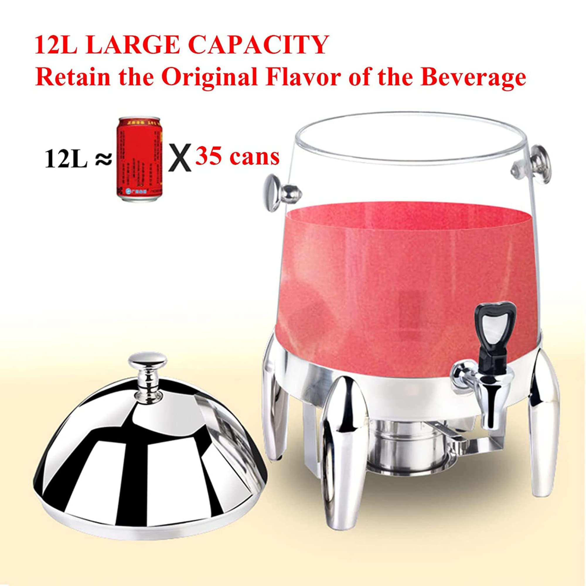 Urna Comercial para Café de 3 Galones, Dispensador de Bebidas Calientes de Acero Inoxidable con Tapa, Grifo Y Soporte para Combustible para Hoteles, Buffets Y Eventos con Catering/Transparent