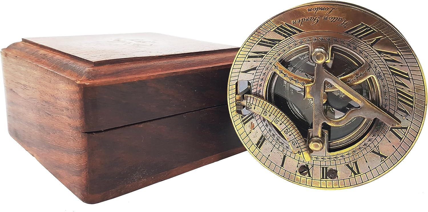 Premium 3" Brass Sundial Compass with Wooden Box – Antique Vintage Navigation Instrument | Working Brass Compass | Nautical Maritime Collectible & Gift