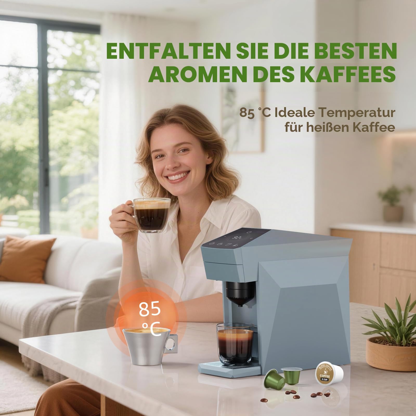 4-in-1-Kaffeemaschine, 20 Bar Espressomaschine, Kompatibel mit Nespresso OriginalLine Kapseln/Dolce Gusto/K-Cups/Gemahlenem Kaffee, 800ml Wassertank, Wolkengrau