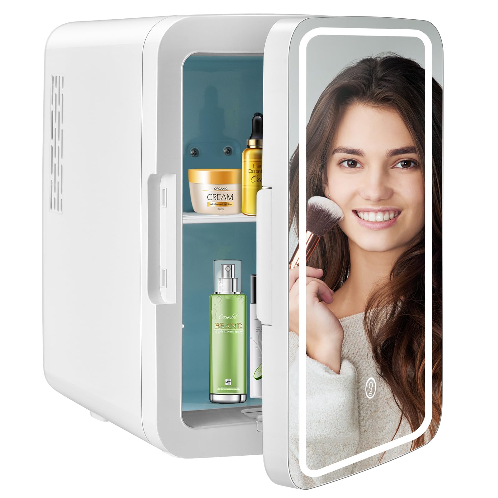 GOPLUS 2 in 1 Mini Kühlschrank mit LED Spiegel, 10 L AC/DC Fridge mit Kühl- & Heizfunktion & 3 Helligkeiten, Tragbarer Kühlschrank mit Abnehmbaren Ablagen für Skincare, Kosmetik & Getränke