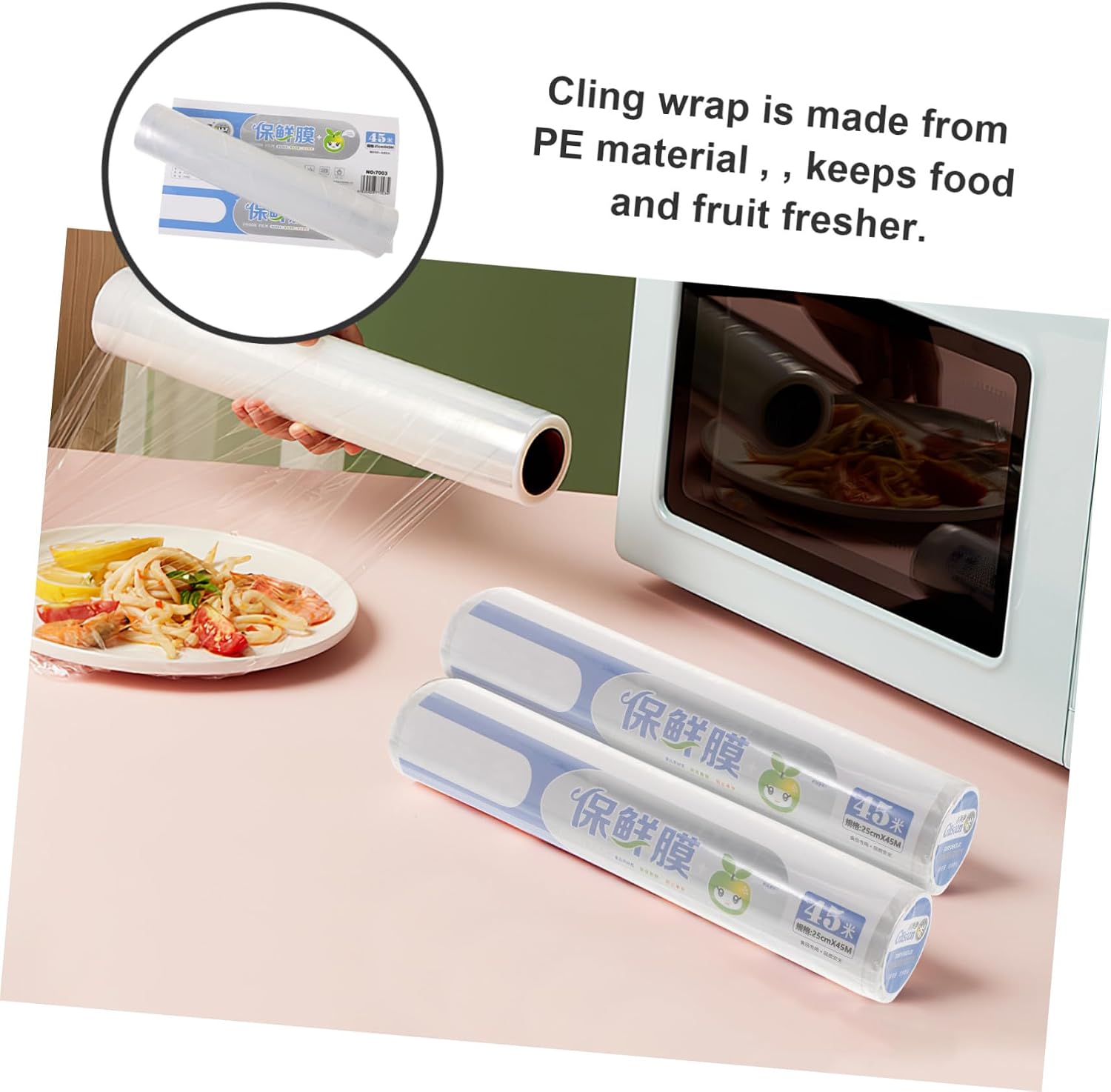 Food Cling Wrap with Cutter 2 Rolls 25cm X 45m Pe Disposable Foodservice Film Roll for Kitchen Food Storage and Preservation