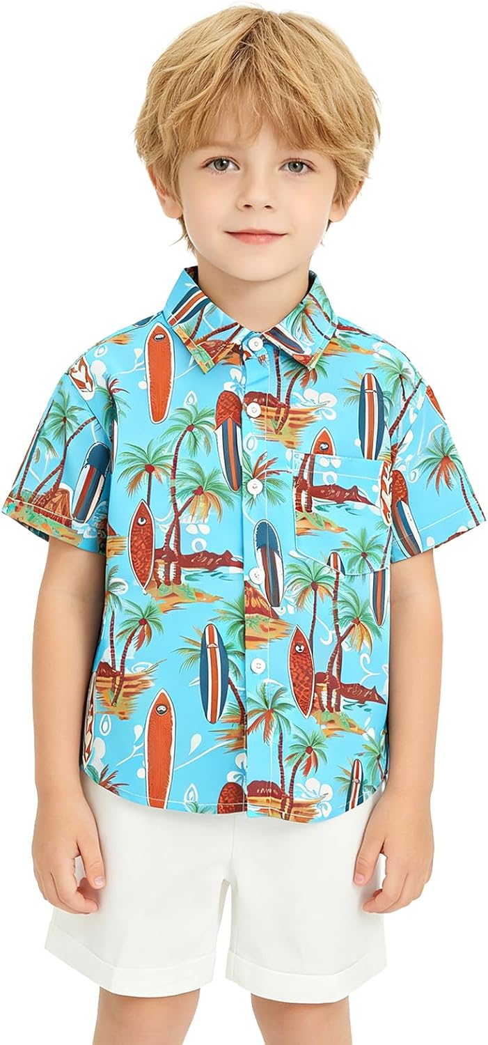 Boys Hawaiian Outfit 2 Pcs Boys Summer Beach Button-Down Shirt Set Tropical Shirt and Shorts for Kids 5-14 Years