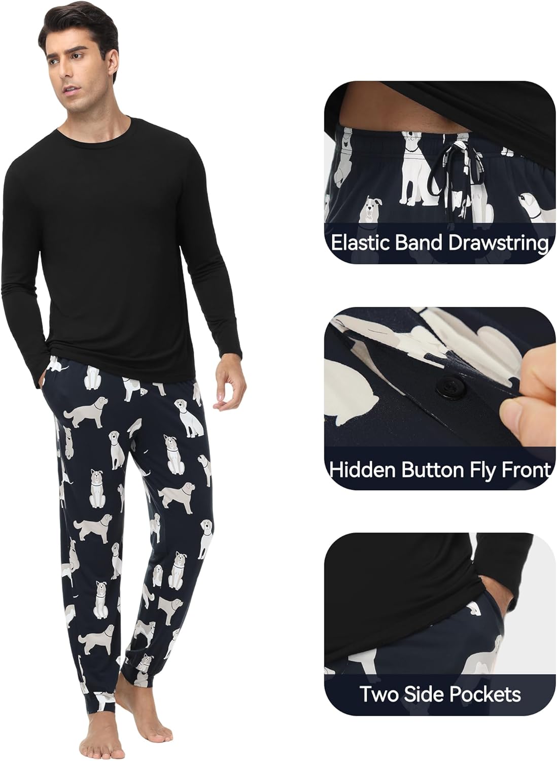 WiWi Men's Bamboo Viscose Pajama Sets Super Soft Long Sleeve Sleepwear Loungewear Cooling Pjs with Pockets Drawstring S-XXL - Image 4