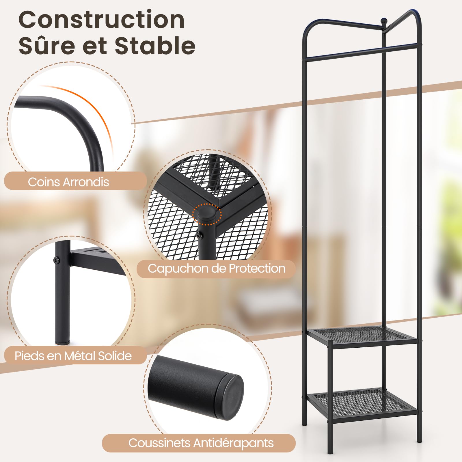 COSTWAY Porte Manteau sur Pieds, Portant a Vetement Solide avec Cintre Supérieur et 2 Étagères en Maille, Kits Anti-Basculement, Vestiaire d'Entrée, Hauteur 193,5 cm, pour Entrée, Chambre (Noir)
