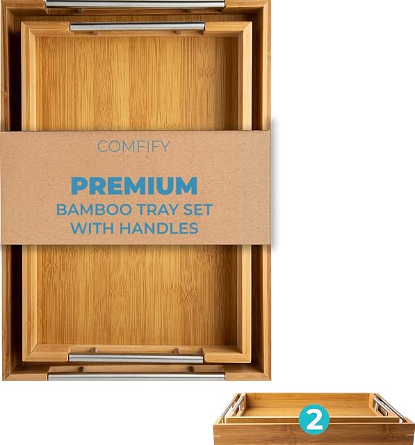 Modern Bamboo Serving Trays with Handle  Set of 2 Wooden Trays That Nest  Large and Small Tray Set for Food, Ottoman Décor & More  100% Eco-Friendly Bamboo Trays for Breakfast - Natural Color
