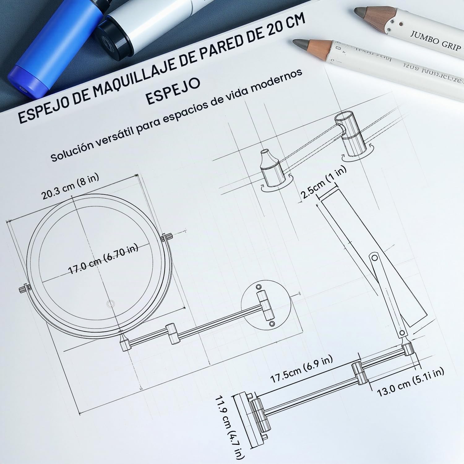 Auxmir Espejo Maquillaje con Luz Pared, 1X/20X Aumento Doble Cara Giratorio 360, Espejo Baño Extensible Táctil con Enchufe, 3 Colores Brillo Regulable, para Hotel, SPA, Plata