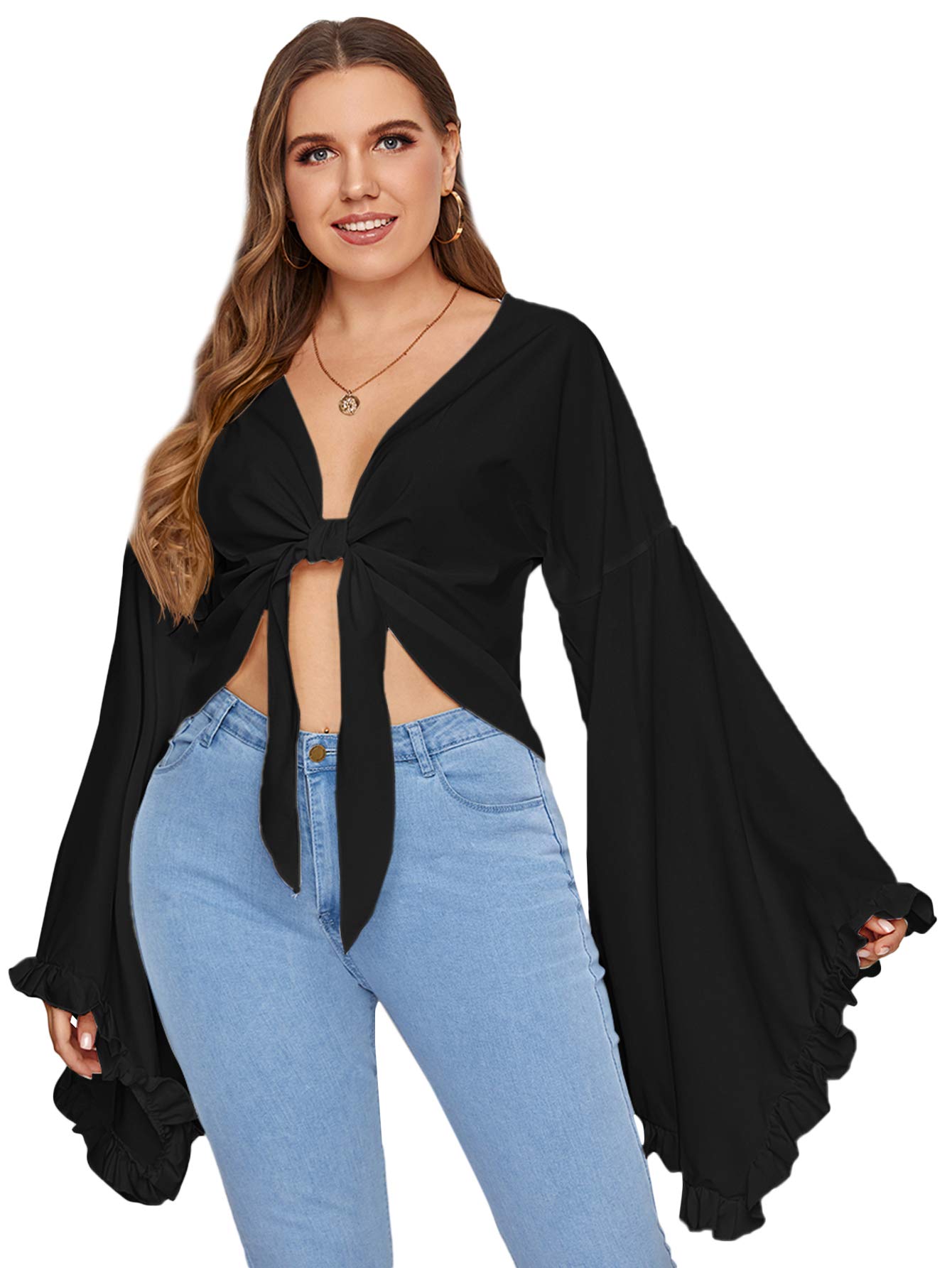 VerdusaWomen's Ruffle Trim Bell Sleeve Tie Front Deep V Neck Crop Top Blouse