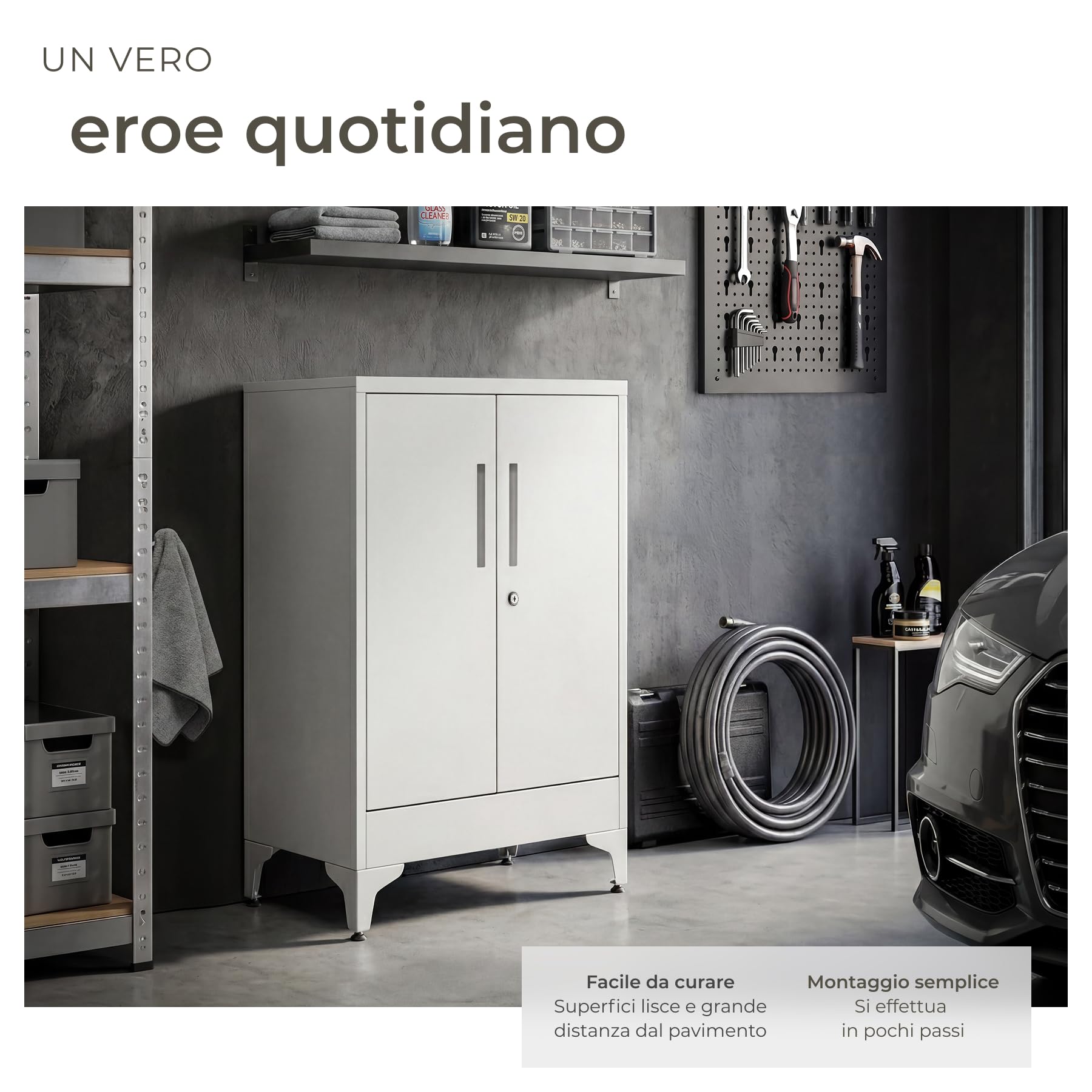 tectake® Armadietto in Metallo Portadocumenti in Acciaio, 60 x 40 x 100 cm, 3 Ripiani Regolabili, Chiusura Magnetica e Chiave, Scaffale Metallo Garage, Mobile Ufficio, Piedini Regolabili - Grigio
