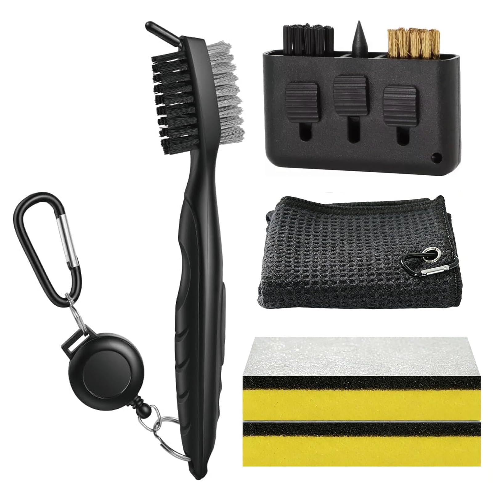 5 Pcs Golf Club Cleaner Brush Set, Professional Golf Accessories with 3-in-1 Golf Brush, Golf Towel and Golf Sponges, Efficient Golf Club Cleaning Solution for On-Course Maintenance and Post-Game Care
