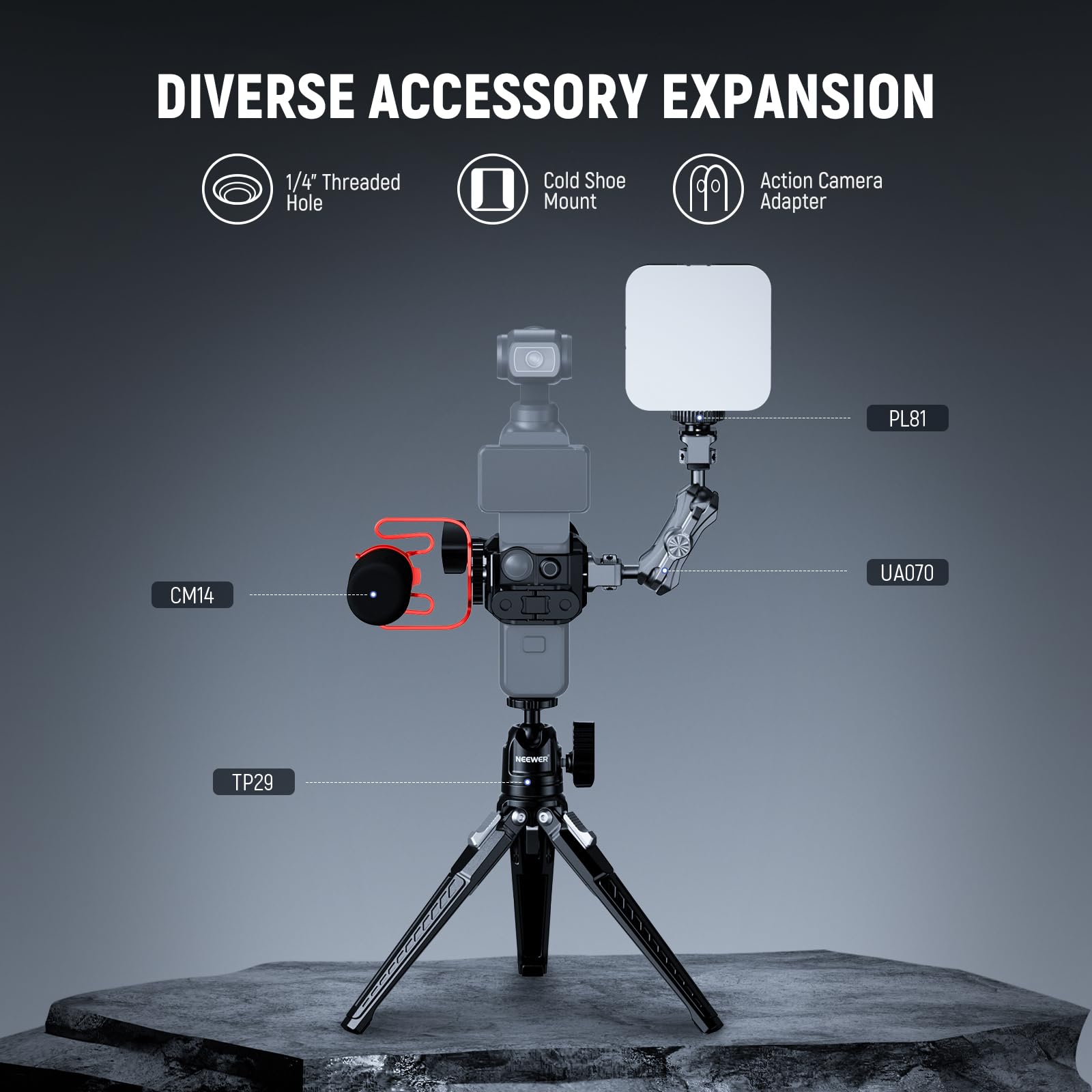 Neewer Kieszeń z 3 klatkami, ze stopu aluminium, gimbal do nagrywania wideo z adapterem przedłużającym do kamery akcji, gwint 1/4 cala, zimna stopka, kompatybilna z DJI Osmo Pocket 3 Creator Combo,