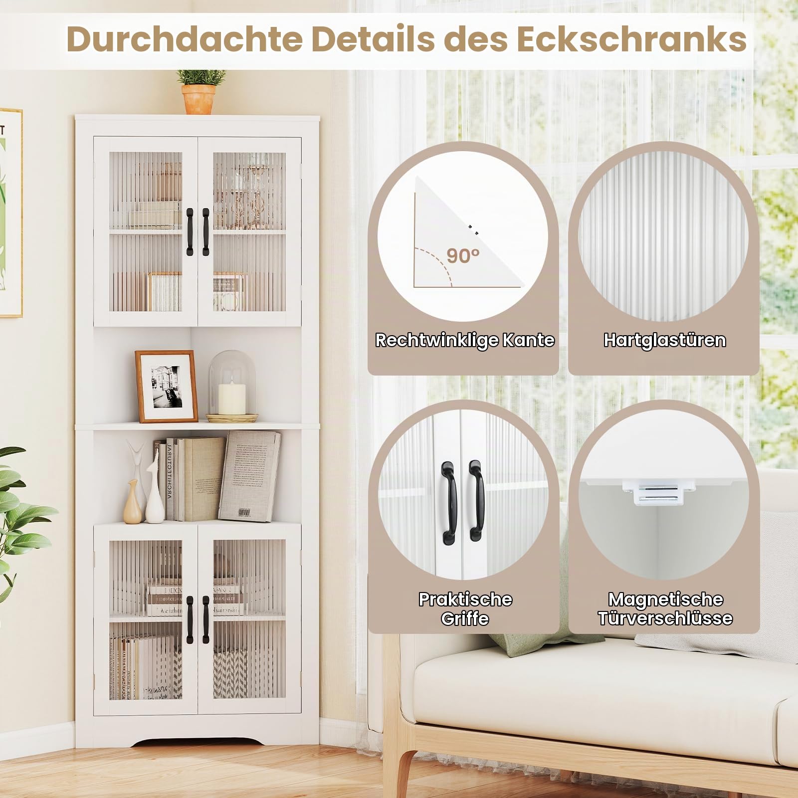 LIFEZEAL Hochschrank Eck, Aufbewahrungsschrank mit Glastüren, Mehrzweckschrank mit 3-Fach verstellbaren Regalen, Badschrank Modern für Küche, Bad, Wohnzimmer (Weiß)