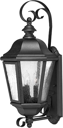 Hinkley Edgewater Medium Wall Mount Outdoor Lantern, Aluminum, Clear Seedy Glass, Traditional, Black Finish