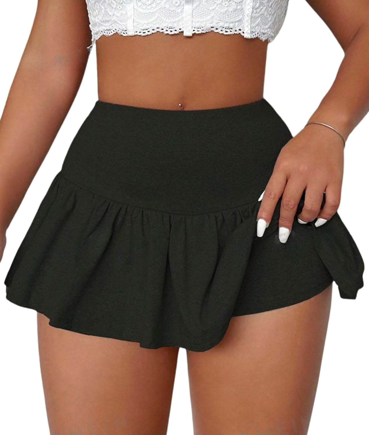 Womens Casual Mini Skirts High Waist Tummy Control Stretchy Streetwear Pleated Mini Skater Skirt with Shorts