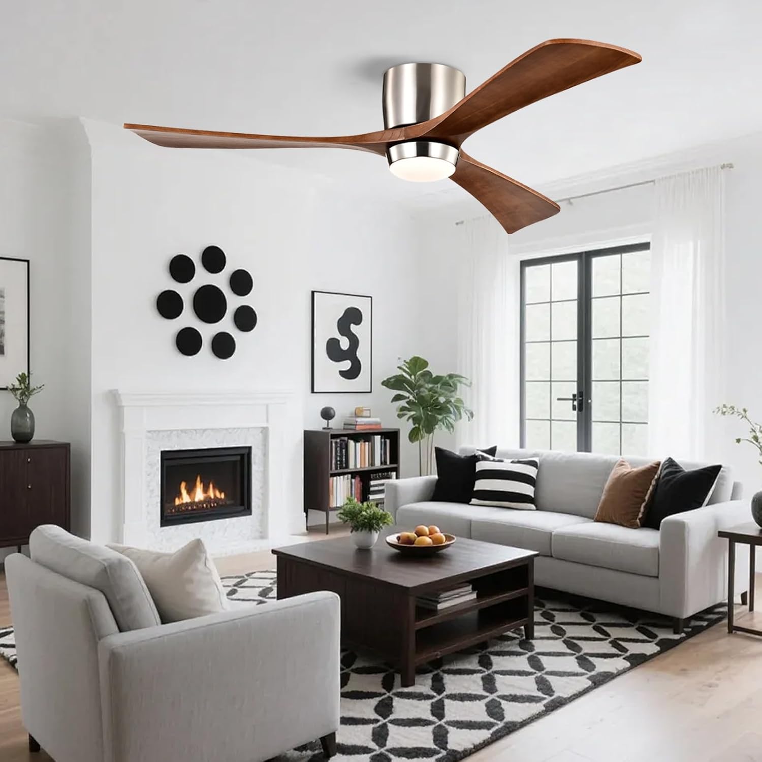 52" Wooden Flush Mount Ceiling Fans with Remote Control, Dimmable Low Profile Chandelier Fan with LED Light Modern Fandelier for Living Room Nickel Walnut