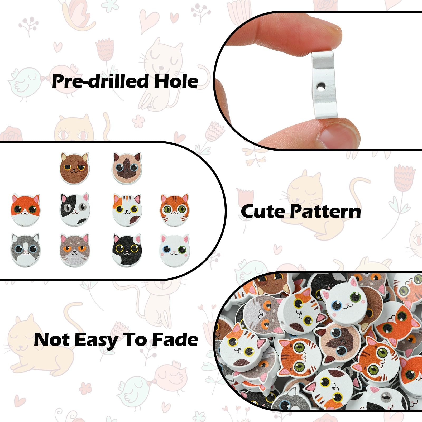 DanLingJewelry 100Pcs Random Cat Face Wooden Beads - Cute Cat Animal Head Beads for Jewellery Making DIY Crafts - Image 3