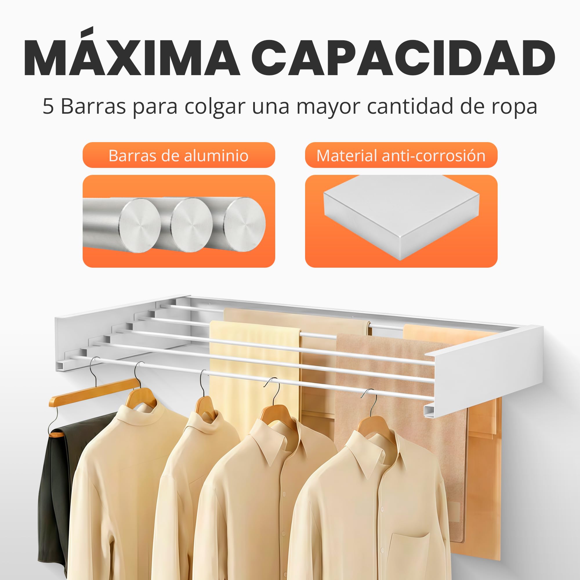 JUPPLIES Tendedero Extensible Pared Plegable - Tendedero Retráctil Invisible con 5 Barras de Aluminio para Interior o Exterior - Ahorra Espacio con Diseño Compacto (Blanco, 100)