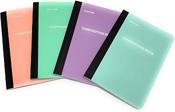Mintra Office Poly Composition Book 5in x 7in, Pastel - 4 Pack, 4 Colors, 80 Sheets, Narrow Ruled, Small Flexible Pocket Notebook for Writing, Notes, Journal