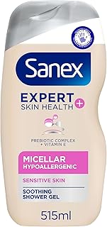 Sanex Expert Skin Health + Micellar Hypoallergenic Shower Gel 515ml, for sensitive skin, body wash for men & women, helps protect skin from pollution, gentle antioxidant formula, with vitamin E