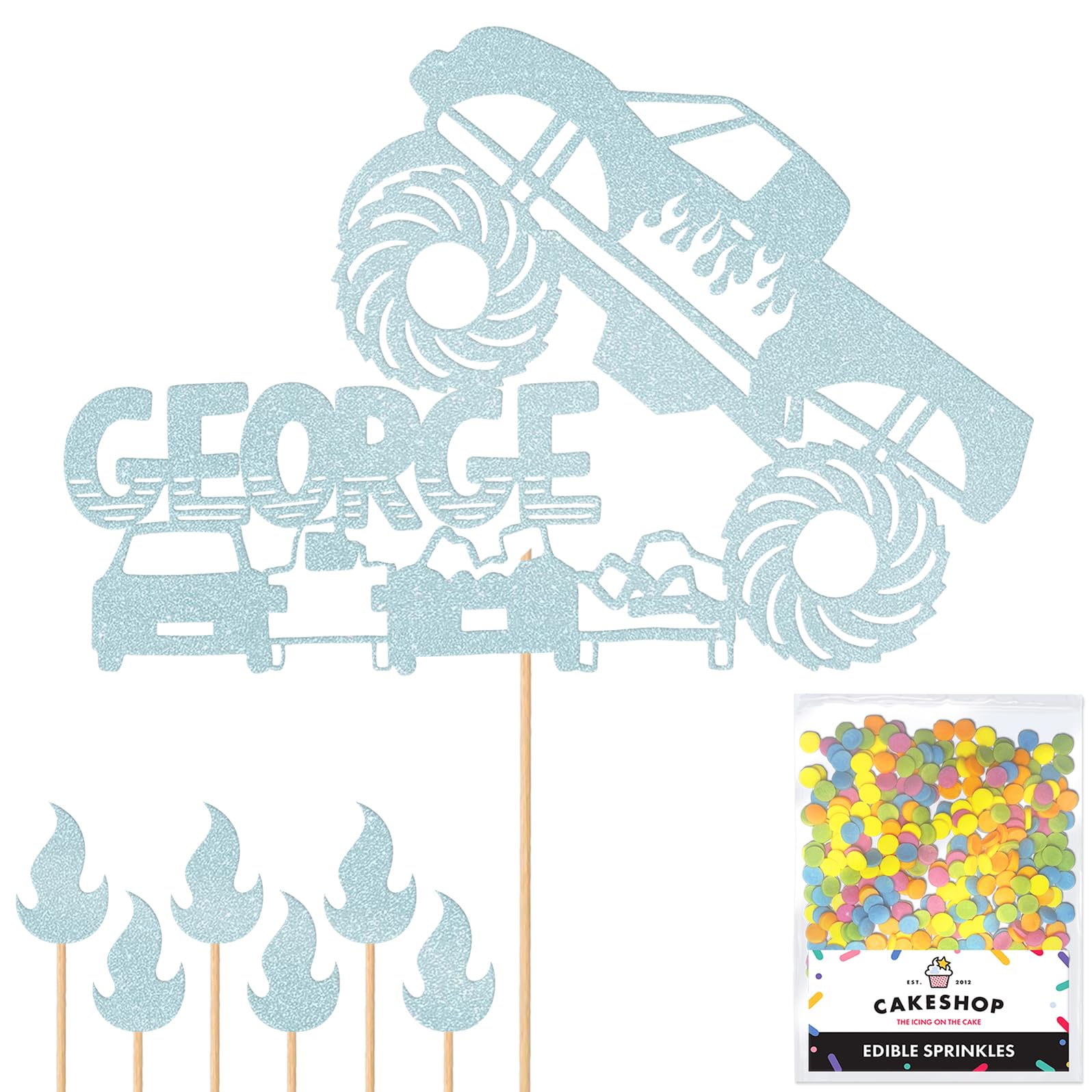 Personalised Off-Road Monster Truck 4x4 Glitter Topper- Lt Blue Custom Name Hot Wheels Glitter Cake Decoration and Sprinkles - Happy Birthday Decorations - Personalised Toppers for Cakes by Cakeshop