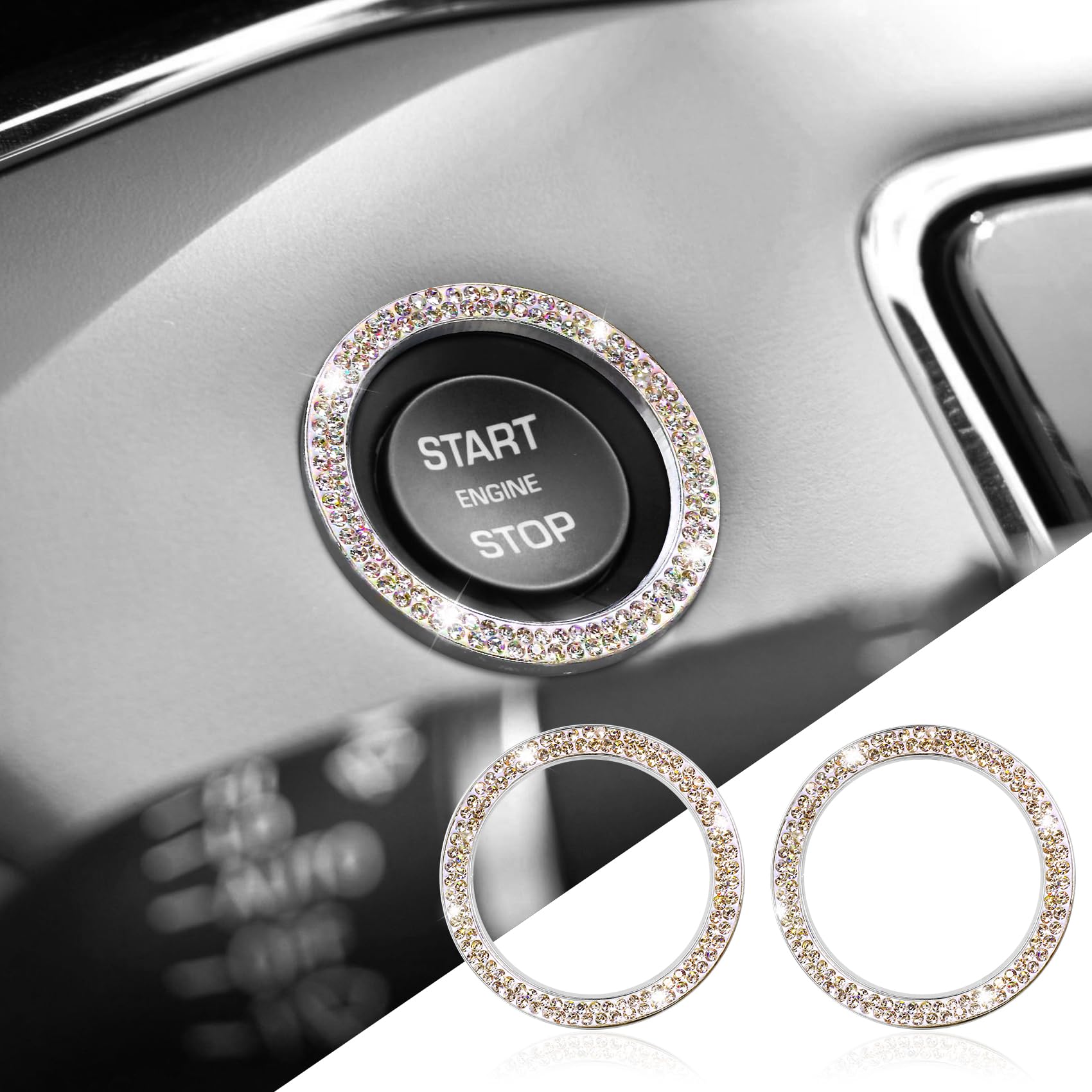 2PCS Car Bling Crystal Rhinestone Engine Start Ring Decals, Push to Start Button Cover, Key Ignition & Knob Bling Ring, Key Ignition Knob Bling Ring, Bling Car Accessories for Women