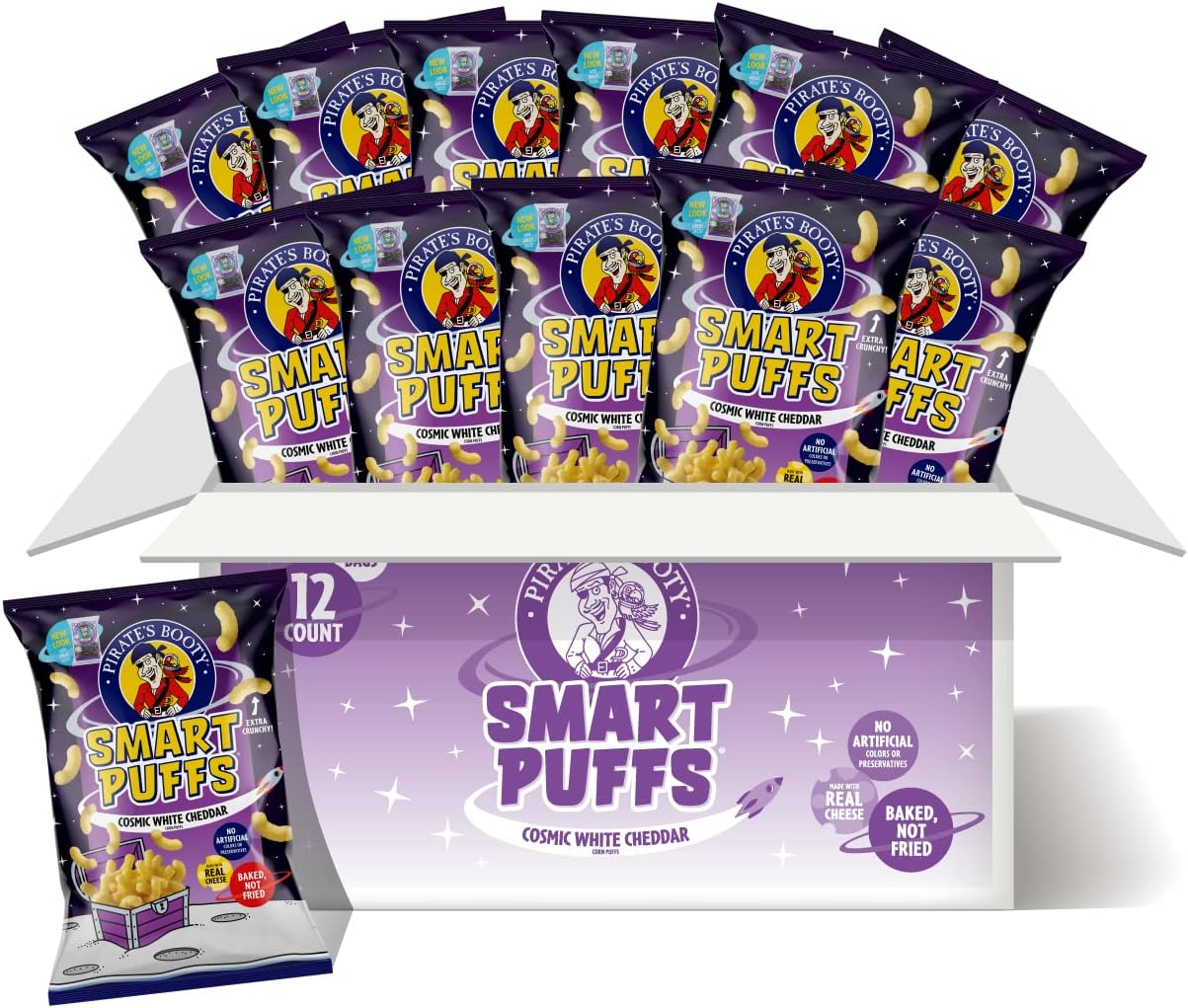 Pirate's Brand Smart Puffs, Wisconsin Cheddar, 12ct, 4.5oz Grocery Size Bags, Gluten Free, Healthy Kids Snacks