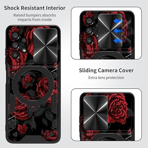 Vista 200 de Funda para Samsung Galaxy A13 5G con cubierta deslizante para lente de cámara y anillo giratorio de 360 grados, soporte híbrido de doble capa Flores