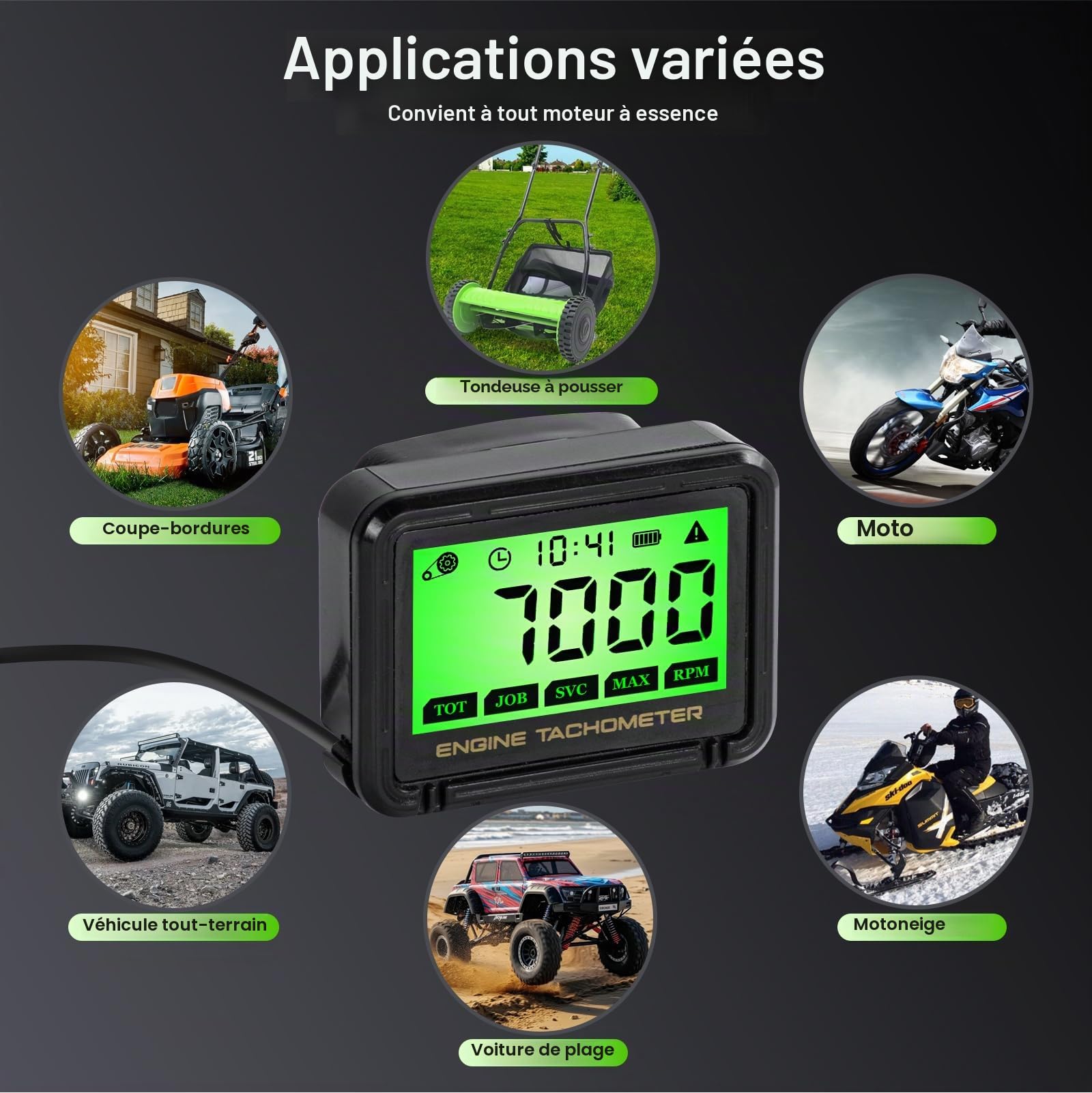 Tachymètre Numérique LCD 18 000 tr/min avec Compteur Horaire | Tachymètre avec Induction Sans Fil, Surveillance de Batterie, Étanchéité et Rappel D'entretien pour Moto, Tondeuse, etc