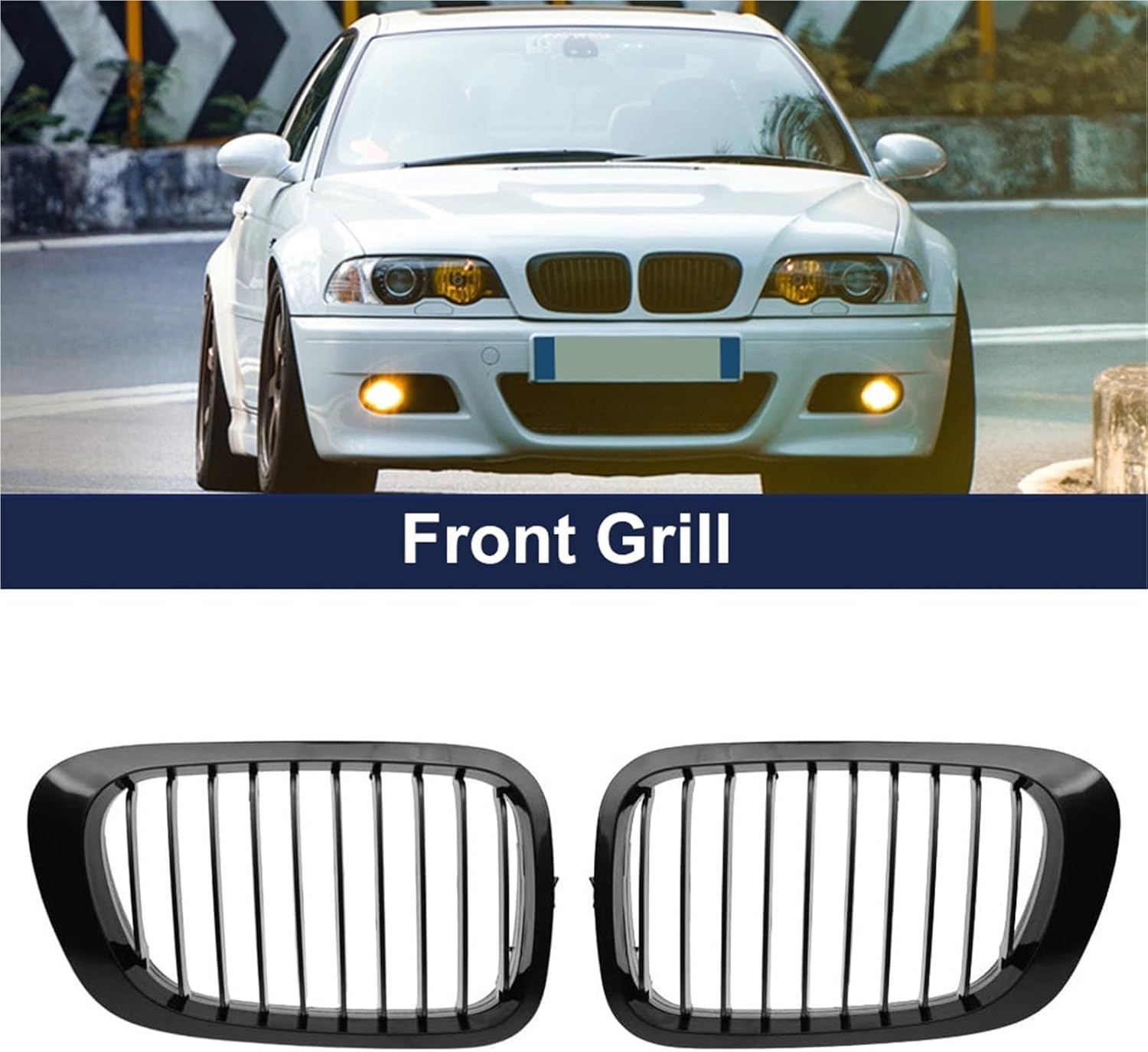 Left Right Front Hood Kidney Grille Grill Replacement Single Line Center Grills Compatible with BMW E46 2-Door 1999-2002 Car Accessories