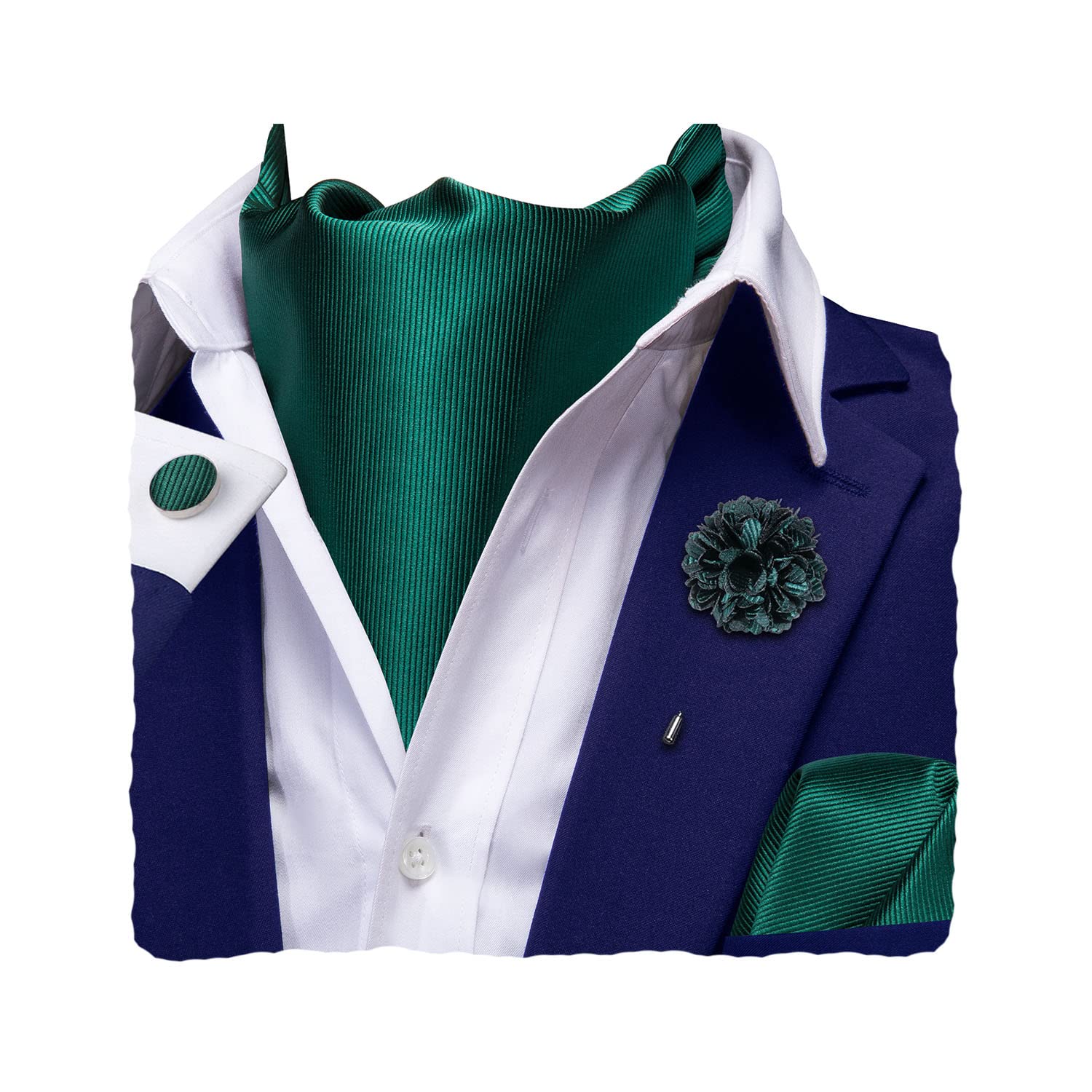 Hi-Tie Silk Ascot for Men Self Tie Men's Cravat and Flower Lapel Pin Handkerchief Cufflinks Set for Wedding Party