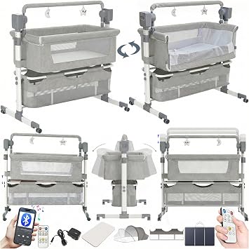 Electric Bluetooth Smart Next to Me Crib, Foldable Convertible Baby Bedside Crib, Co-Sleeping Bassinet, Infant Bedside Sleeper Cradle with Music, Remote and 5 Swaying Gears 601 Light Grey